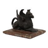 A bronze model of a seated griffin atop a rectangular marble base, 19th century, 8.5cm high