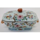 A Chinese export ware famille rose tureen and cover, 18th century, of rectangular form with cante...