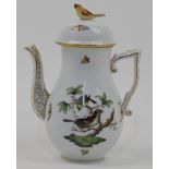 A Herend 'Rothschild Birds' baluster coffee pot and cover, 20th century, blue printed marks to un...
