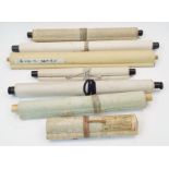 Seven Japanese scrolls, 20th century, comprising: a calligraphy dated 1928 with two seals of the ...