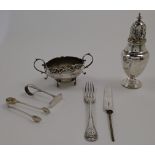 A small group of silver, comprising: a George V sugar caster, Birmingham, 1928, Mappin & Webb Ltd...