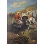 Manner of Christian Adolf Schreyer,  20th century-  Two horsemen on a hillside;  oil on canvas...