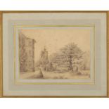 British School,  19th century-  A lady in a garden, with a tower beyond;  pen, ink, and wash o...