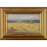 Thomas Binney Gibbs,  British 1870-1947-  Landscape with figures making hay;  oil on panel, in...