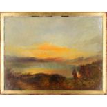 Richard Elmore,  British 1818-1898-  Bracken burning near Sandsfoot Castle;  oil on canvas, si...