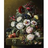 Thomas Heesakkers,  Dutch b.1946-  Flowers in a vase with fruit on a ledge;  oil on canvas, sig...