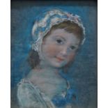 French School,  early 19th century-  Portrait of a young girl in a bonnet;  pastel on paper, 2...