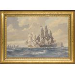 Kenneth Jepson,  British 1932-1998-  Battle ships in stormy seas;  oil on canvas, signed 'K. J...