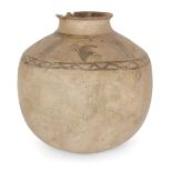 A buff pottery vessel, the sloping shoulders decorated in added umber with four pairs of aquatic ...