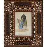 Three 19th century coloured engravings in mashrabiyya wooden frames, comprising Donna di alta cla...