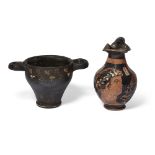 Two Greek pottery vessels, one an Apulian red-figure trefoil-lipped chous, the front panel decora...