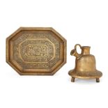 An engraved brass tray and portable huqqa base, North India, 18th century, the tray of octagonal ...