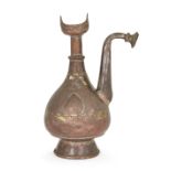 An engraved copper ewer, Deccan, India, 16th century, on a slightly flared ring foot, of pear-sha...