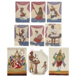 A group of five mica musicians portraits, two mica portraits, one of Hanuman and the other of Lak...