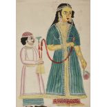 A Kalighat painting of a woman and attendant, Bengal, India, circa 1870, opaque pigments on paper...