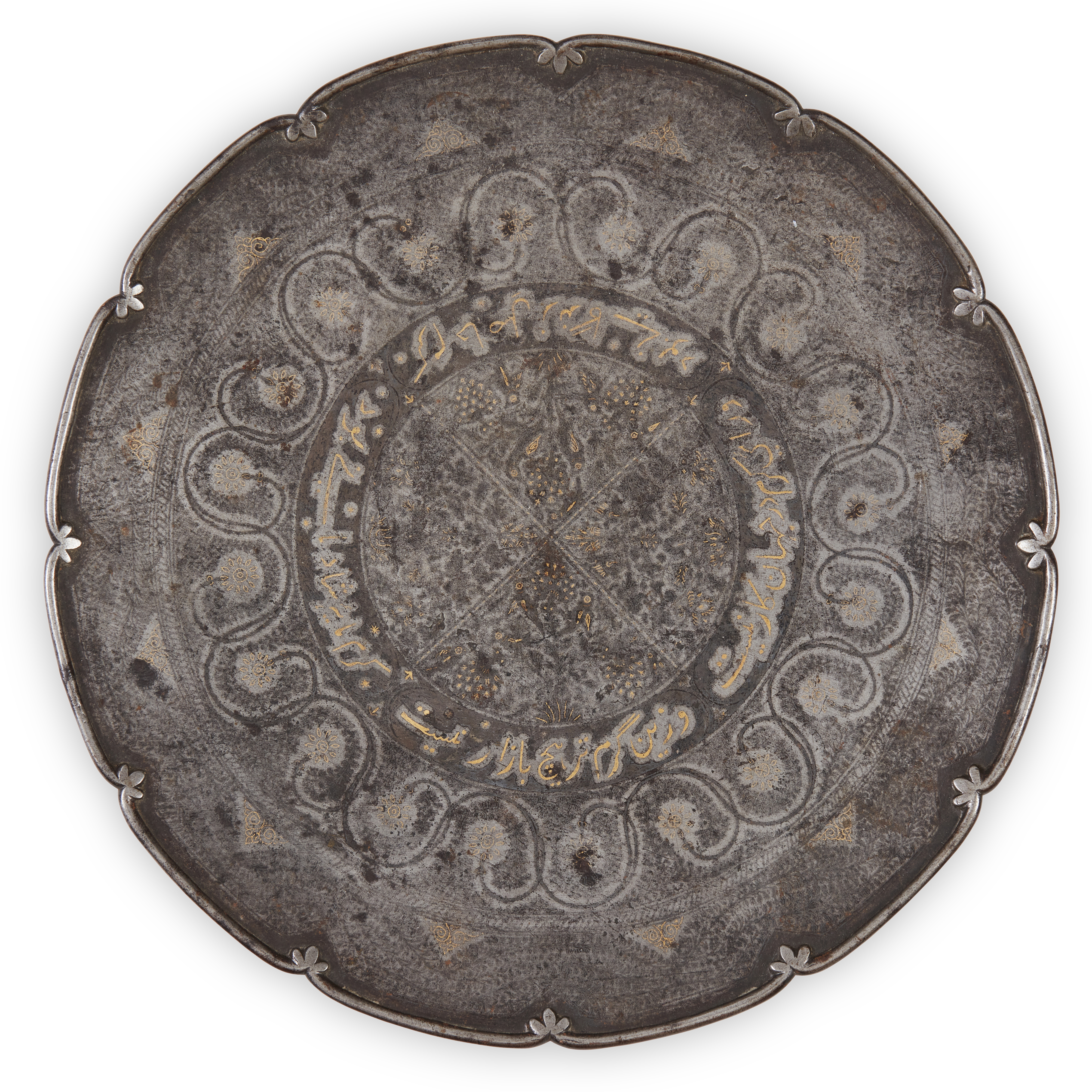 An inscribed Koftgari steel dish, Lucknow, India, 19th century, of lobed, shallow form, the cente...