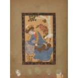 A painting of a youth drinking wine in a spring garden, Persia, early 20th century, opaque pigmen...