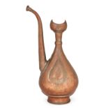 A Deccani copper ewer, India, 18th century On a conical foot, of pear-shaped form, rising to the...