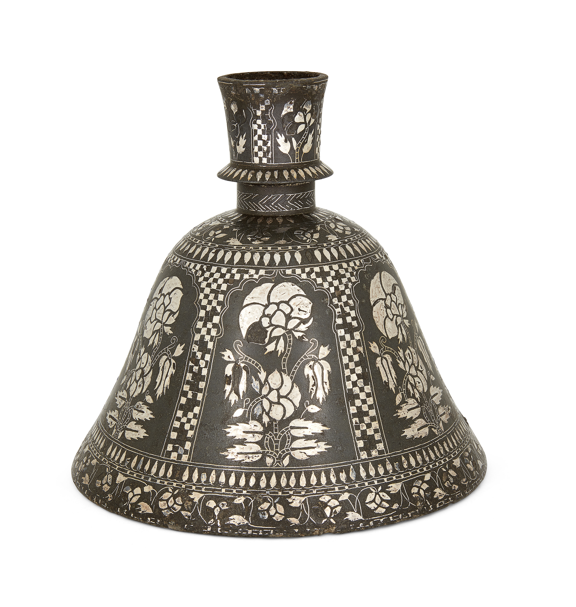A Bidri huqqa base, Bidar, Deccan, India, 18th century, the bell-shaped body with bold floral spr... - Image 2 of 2