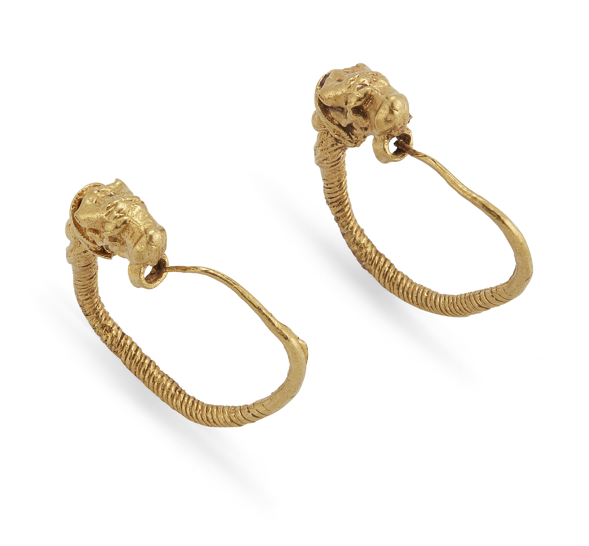 A pair of Hellenistic gold earrings, with bull head terminals, the tapering coiled wire hooking t... - Image 2 of 2