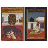 Two erotic scenes, Datia, Central India,17th century, opaque pigments on paper heightened with go...