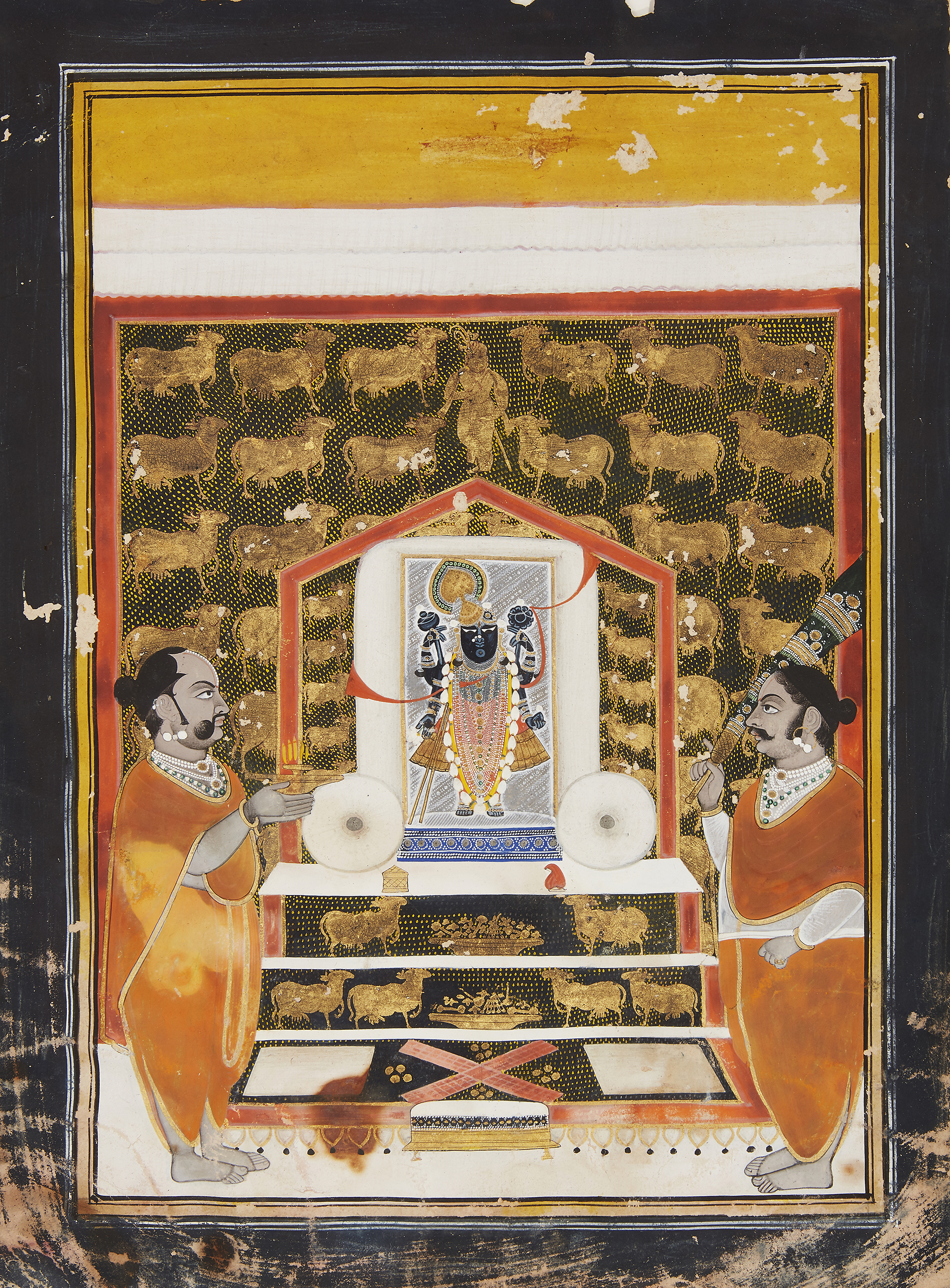 Priests worshipping Srinathji with Nandi, Nathdwara, India, late 19th century, opaque pigments on...