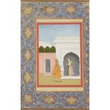 A maiden receiving a sadhu in a palace courtyard, Provincial Mughal, late 18th Century, gouache a...