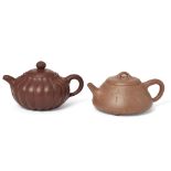 Two Chinese Yixing teapots 20th century The shipiao teapot inscribed with a poem to the exterio...