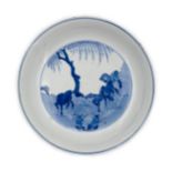 A Chinese blue and white 'eight horses of Muwang' dish Qing dynasty, Kangxi six-character mark a...