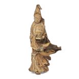 A Japanese painted clay figure of Kannon Meiji period Her flowing robes finely painted with var...