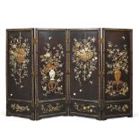 An exceptional Japanese Shibayama-type hardwood lacquered and inlaid four panel folding screen M...