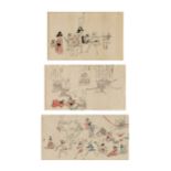 A set of three Japanese Toba-e paintings Edo period The comic figures painted with ink and colo...