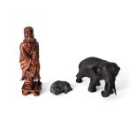 Two Japanese bronze Okimono and a Chinese boxwood carving of Li Tieguai Meiji Era and later Com...