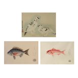 Three Japanese paintings of birds and fishes Meiji period Comprising an ink and colour on paper...