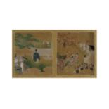 Japanese School Edo period, 19th century Performers and musicians in a garden landscape, pair o...