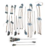 A group of Chinese kingfisher feather hairpins Late Qing dynasty Comprising: one with a cat und...