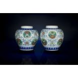 An associated pair of Chinese doucai 'lotus and chrysanthemum' jars Qing dynasty, Qianlong seal ...