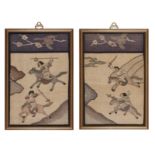 A pair of Chinese kesi silk panels Qing dynasty, 18th century Each decorated with two warriors ...