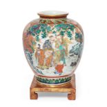 A large Japanese Kutani jar 20th century Painted within stylised panels with various scenes inc...