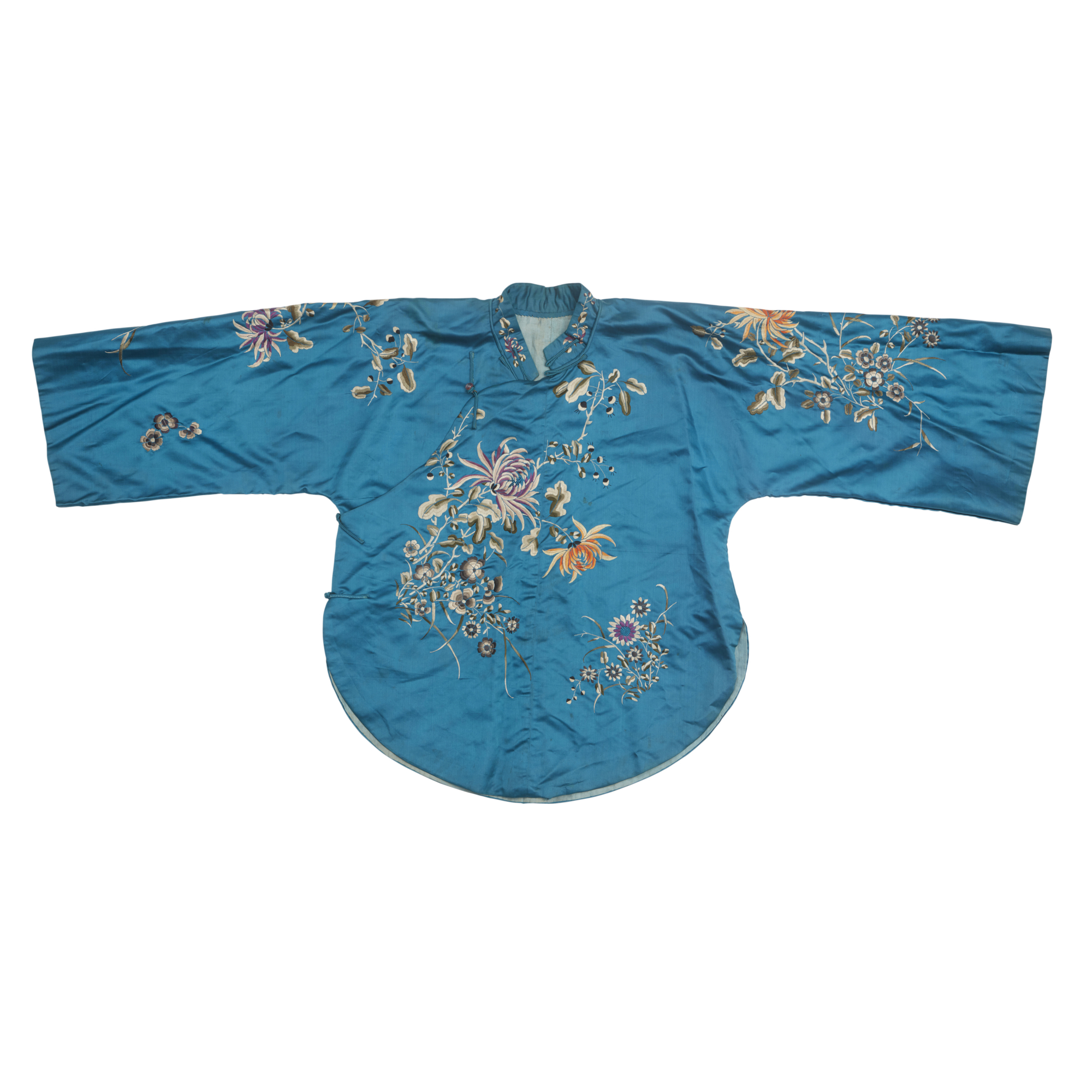 A Chinese silk embroidered turquoise jacket Republic period With wide sleeves and side fastenin...