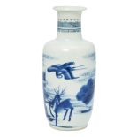 A fine Chinese blue and white 'crane, deer and pine tree' rouleau vase Qing dynasty, Kangxi peri...