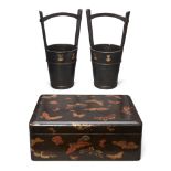 A pair of Japanese lacquer ikebana bucket vases and a lacquer box Meiji period The buckets blac...