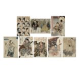 Eight Japanese wood block prints Edo period Comprising: three prints by the Utagawa school and ...