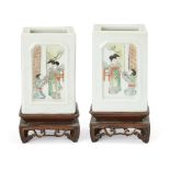A pair of Chinese famille verte square brush pots Late Qing dynasty Painted to the sides with a...