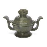 A fine Chinese spinach-green jade archaistic incense burner and cover Qing dynasty, Qianlong per...