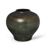 A Japanese green patinated bronze vase Meiji Period Of bulbous form with short neck, Gosho mark...