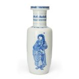 A Chinese blue and white rouleau vase Qing dynasty, 19th century Painted to the body with three...