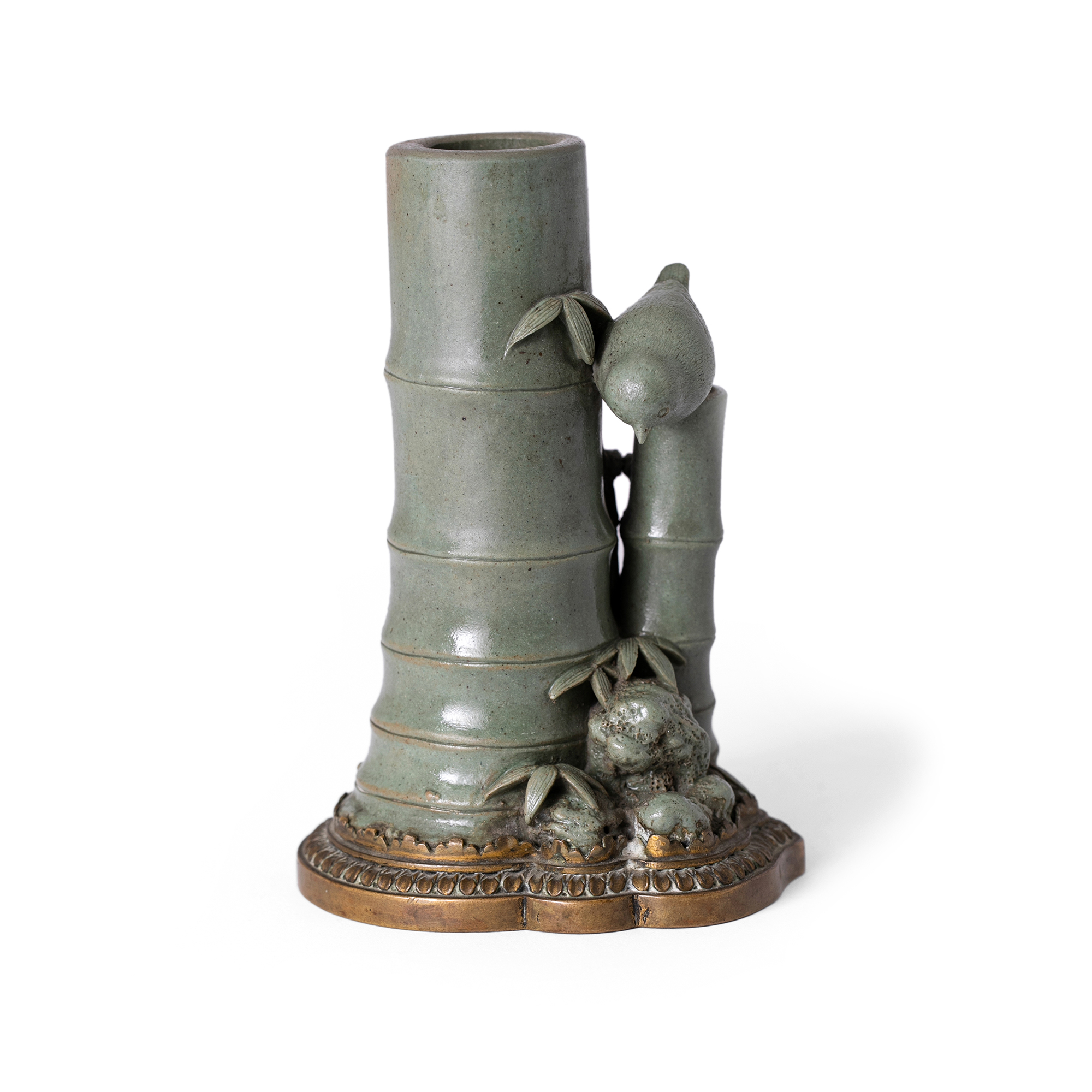 A Chinese ormolu-mounted celadon-glazed 'bamboo' group Qing dynasty, the porcelain 18th/19th cen...