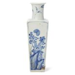 A Chinese blue and white square section vase Qing dynasty, Kangxi period Heavily potted with fo...