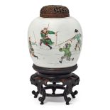 A Chinese famille verte 'warriors' jar Qing dynasty, 18th century Enamelled with soldiers fight...